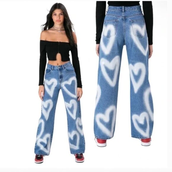 Adika wide leg baggy Heart Graffiti Jeans - women's small (26) - Picture 1 of 7